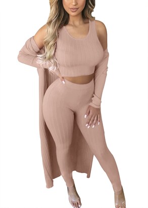 Cosygal Women's Crop Top Cardigan and Wide Leg Long Palazzo Pants Jumpsuit Romper Set Two Three Pieces Sets 