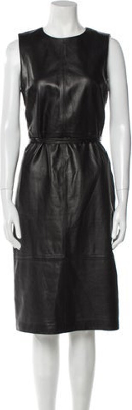Vince Leather Sheath Dress Black Leather Trim Embellishment Sleeveless with Crew Neck Concealed Zip Closure at Back