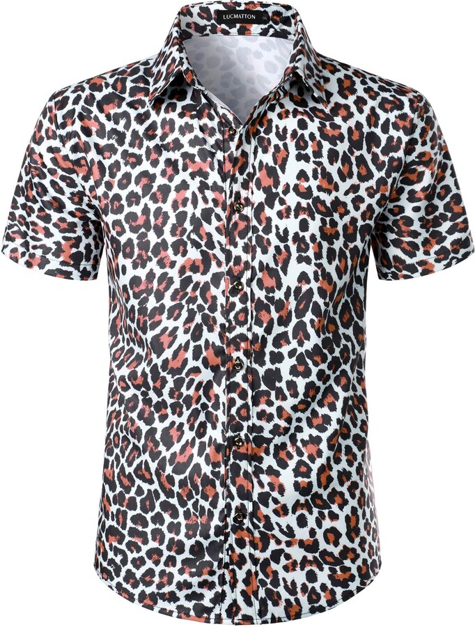 LucMatton Men's Hipster Short Sleeve Button Down Leopard Print Shirt
