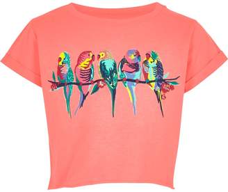 River Island Girls pink cropped budgie embroidered T-shirt