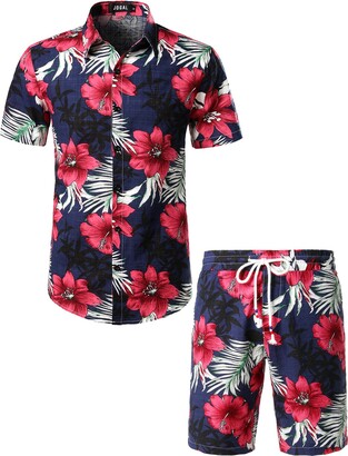 JOGAL Men's Casual Floral Pattern Short Sleeve Hawaiian Shirt
