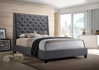 Everly Quinn 1Pc Contemporary Style Queen Panel Upholstered Bed Button Tufted Demi-Wings Nailhead Trim