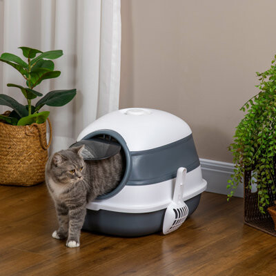 Cat Litter Box, Foldable And Space Saving, Easy To Clean With High Sides, White Gray, Air Freshener Included For Odor Control Large Front Door Conveni