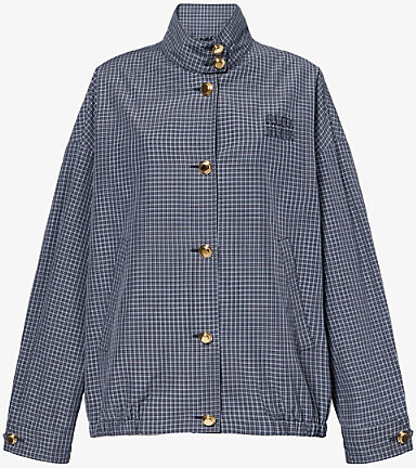 Miu Miu Womens Bleu Brand-Appliqué Checked Cotton Jacket 6