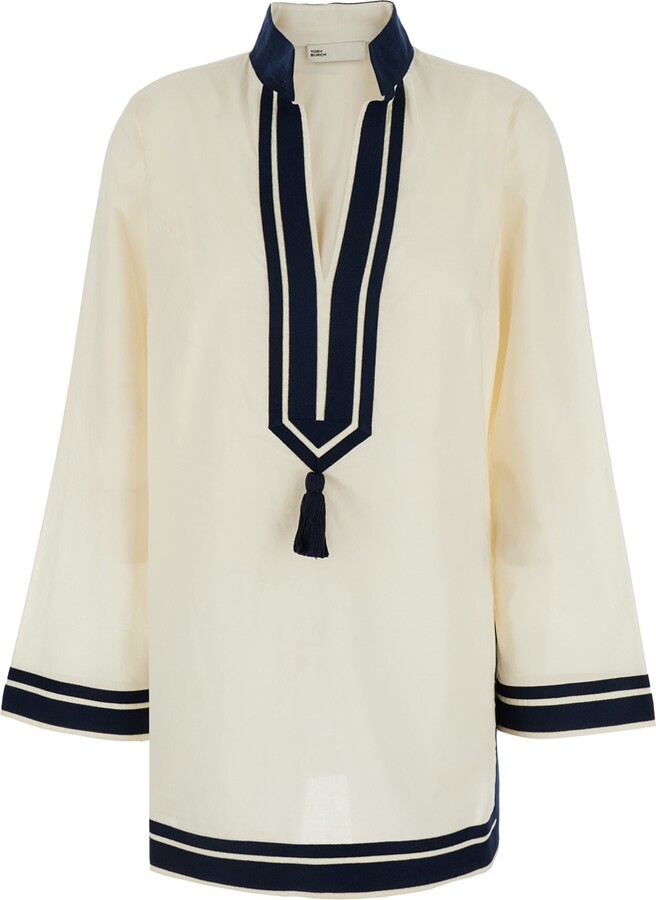 White Caftan With Contrasting Details And Tassel In Cotton Woman