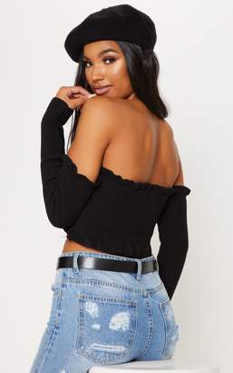 PrettyLittleThing Black Button Front Bardot Top