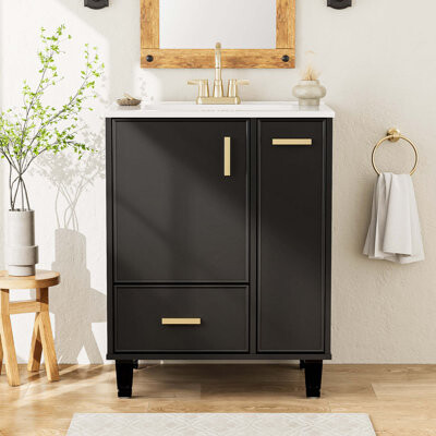 KUNMINGZHUANGZHEN 24" Bathroom Vanity With Sink, Bathroom Cabinet With Door Shelf, Deep Drawer, 2-Tier Pull-Out Basket, Solid Wood Frame And MDF Board