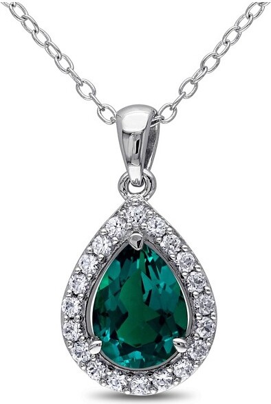 Everly Jewelry EVERLYJEWELRY|SterlingSilver11/2ctTGWCreatedEmeraldandCreatedWhiteSapphireTeardropHaloPendantwithChain18inc