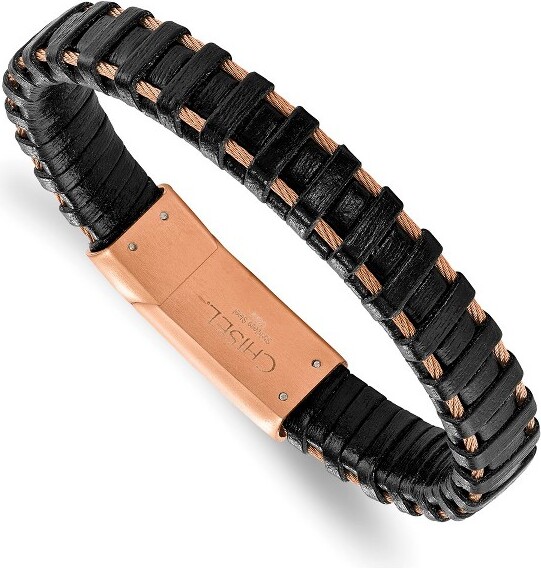 ChiselStainlessSteelPolishedRoseIP-platedCableandBlackLeather8.5\