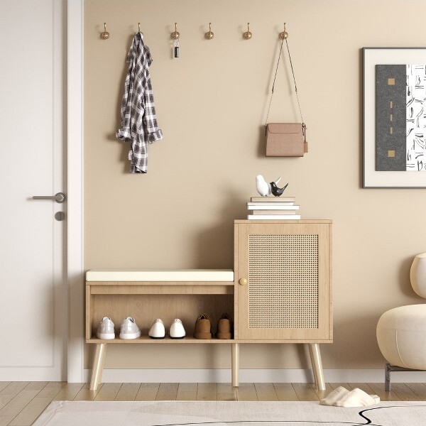 Angel Sar AngelSar2-in-1ShoeStorageBenchwithRattanDoors,EntrywayOrganizerwithSeatCushion&AdjustableShelvesforHallwayorBedroom,Wood