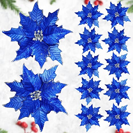 12 Pieces Christmas Glitter Poinsettia Flower Artificial Poinsettia Flower Xmas Poinsettia Decor Poinsettia Flower Ornaments Artificial Xmas Flower for Xmas Tree Wedding Holiday Decoration (Blue)