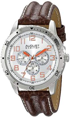 August Steiner Men's AS8116SS Silver Quartz Watch with Silver Dial and Brown with White Stitching Leather Strap