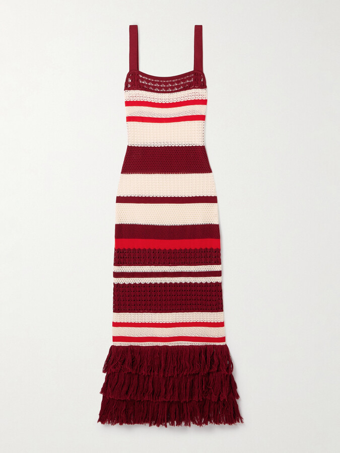 Johanna Ortiz Embayed Fringed Crocheted Pima Cotton Maxi Dress - Burgundy