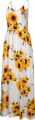 BODDYSIZE Women's Strap Floral V Neck Long Tie Back High Waist Summer Beach Maxi Dress