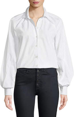 Victoria / Tomas Pinstripe Long-Sleeve Button-Down Blouse with Gathered Sleeves