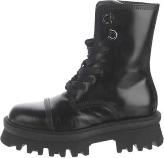 Ferragamo Leather Ankle Combat Boots Black Round-Toes Lace-Up Closure at Uppers Unfortunately, due to restrictions, this item may not be eligible for shipping in all areas.