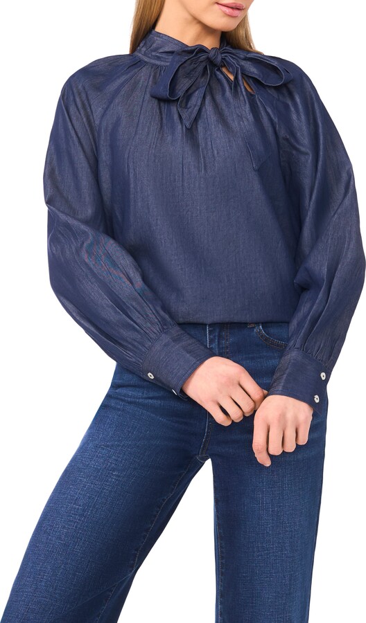 CeCe Denim Tie Neck Top