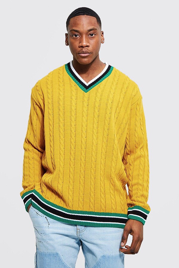 boohoo Mens Yellow Oversized Varsity Cable Knitted Jumper