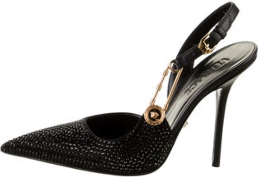 Versace Patent Leather Slingback Pumps Black Pointed-Toes with Crystal Embellishments Buckle Closure at Ankles Includes Box