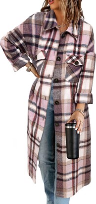 Kirundo 2023 Fall Winter Women's Flannel Plaid Shirts Jacket Casual Long Sleeve Boyfriend Button Down Shacket Coats(Style3-Pink