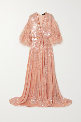 embellished sequin maxi dress with faux feather trim