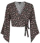 Thumbnail for your product : New Look Black Floral Tie Side Wrap Front Top