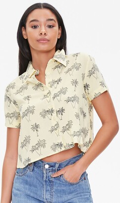 Forever 21 Women's Palm Tree Print Shirt in Light Yellow/Black Medium