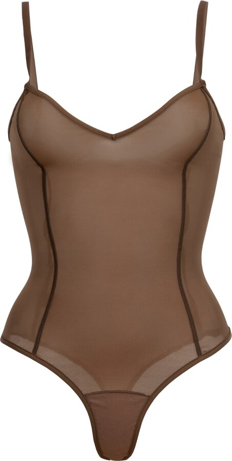 ITEM m6 Women's Brown All Mesh Shape Thong Bodysuit- Milk