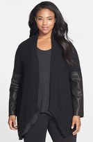 Thumbnail for your product : Eileen Fisher Leather Sleeve Angled Front Yak & Merino Wool Cardigan (Plus Size)
