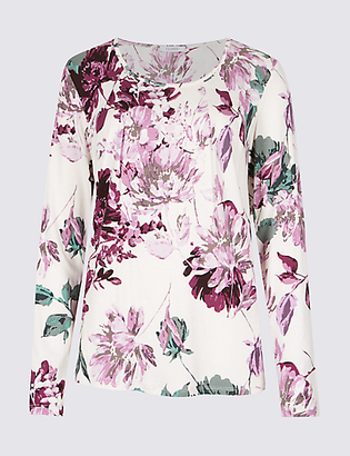 Classic Floral Print Pleated Neck T-Shirt