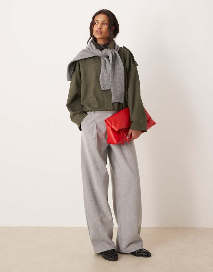 JDY faux suede bubble bomber jacket in khaki