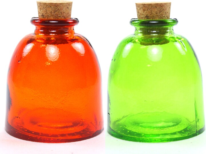 Green Orange Round Glass Bottles 6 Oz. with Cork | Green Recycled Colored Vases Bold Colors Decor
