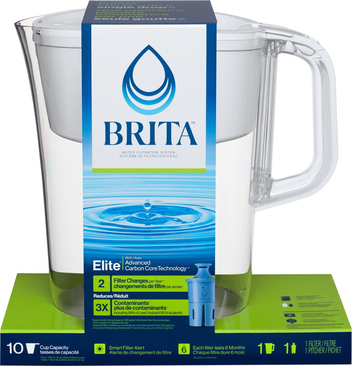 Brita Large 10 Cup White Tahoe Water Filter Pitcher with 1 Elite Filter