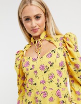 Thumbnail for your product : John Zack cutout tie neck skater dress in yellow floral print