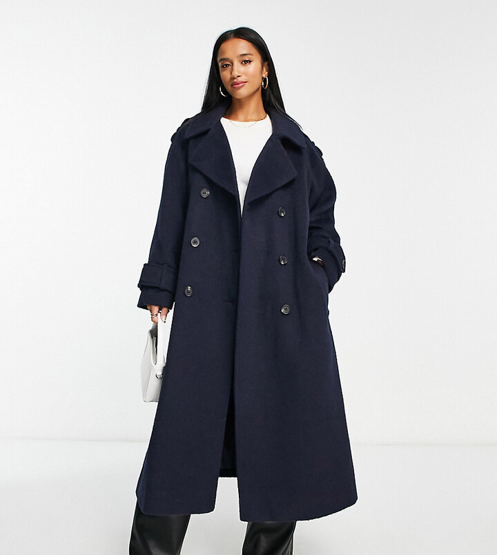 ASOS Petite ASOS DESIGN Petite oversized brushed formal trench wool mix coat  in navy - ShopStyle