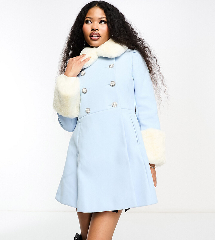 JAYLEY Blue Shorted Belted Coat with Faux Fur Cuffs and Collar Size: O Blue One Size JAYLEY
