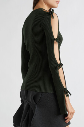 Bottega Veneta Tie-detailed Ribbed-knit Sweater - Dark green