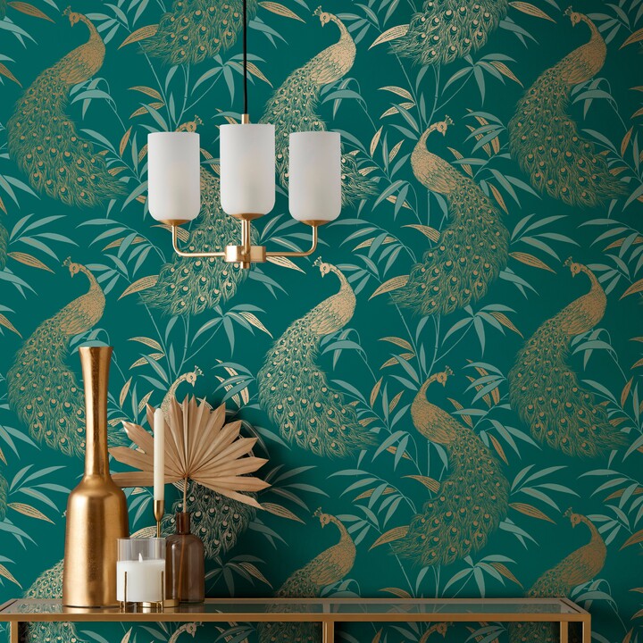Dunelm Luxe Peacock Wallpaper Green/Gold ShopStyle Decor