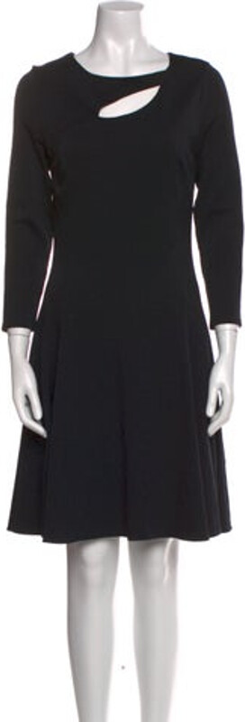 Halston Heritage A-Line Dress Black Cutout Accent Three-Quarter Sleeve with Bateau Neckline Concealed Zip Closure at Back Designer