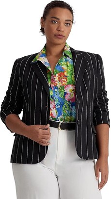Lauren Ralph Lauren Plus Size Pinstripe Linen Blazer (Black/Cream) Women's Clothing