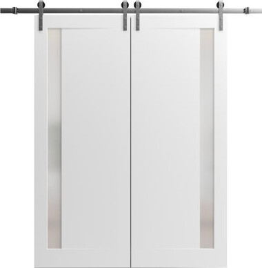 SARTODOORS Sturdy Double Barn Door | Planum 0660 Painted White With Frosted Glass | 13FT Rail Hangers Heavy Set | Solid Panel Interior Doors