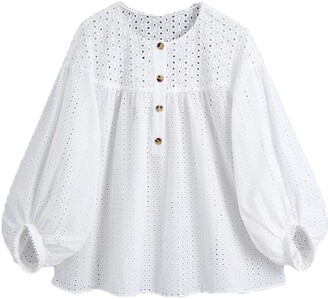 Yiwjby Women Lace Crochet Casual Loose White Blouse Femme Hollow Out Embroidery Shirt Lantern Sleeve Tops as pic LS9016BB M