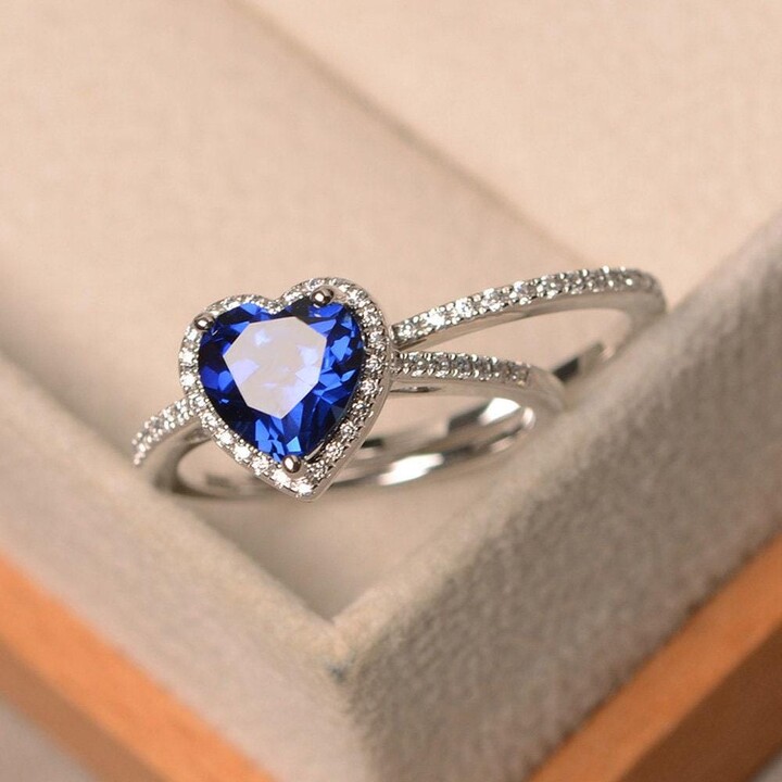 Etsy Blue Sapphire Ring Silver Wedding Ring Sets September Birthstone Heart Cut Halo Ring Bridal Set