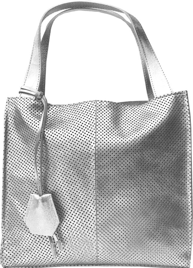 Sostter Silver Perforated Pebbled Leather Top Handle Tote Bndii