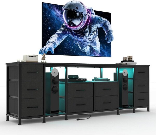 coucheta TVStandwithPowerOutlets10-DrawerMediaConsolewithLEDLightsfor75InchTVEntertainmentCenterwithFabricDrawers&ShelvesBlack