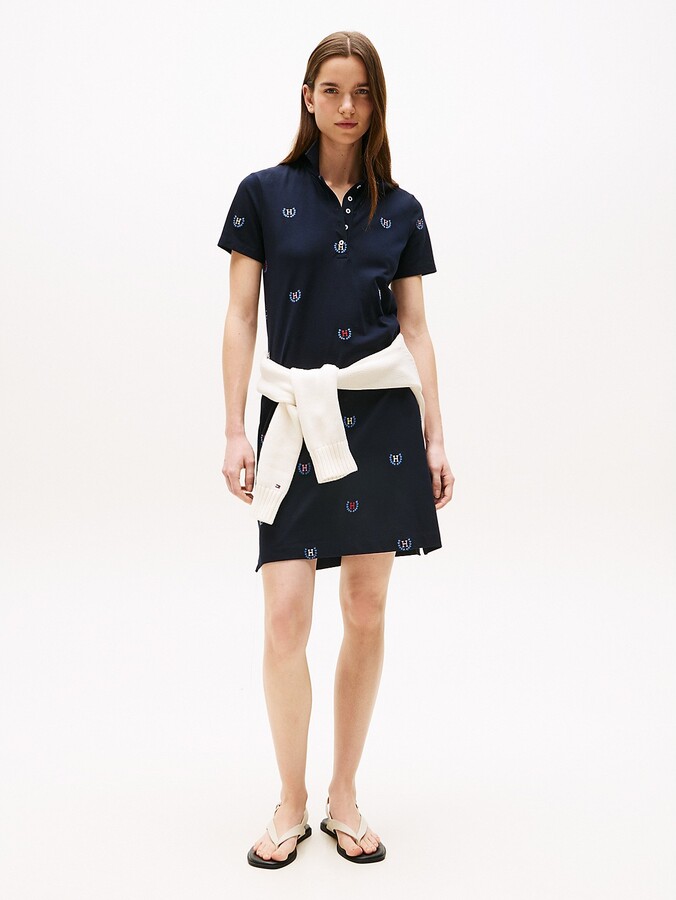 Tommy Hilfiger Women's Allover Crest Stretch Polo Dress - Navy - L