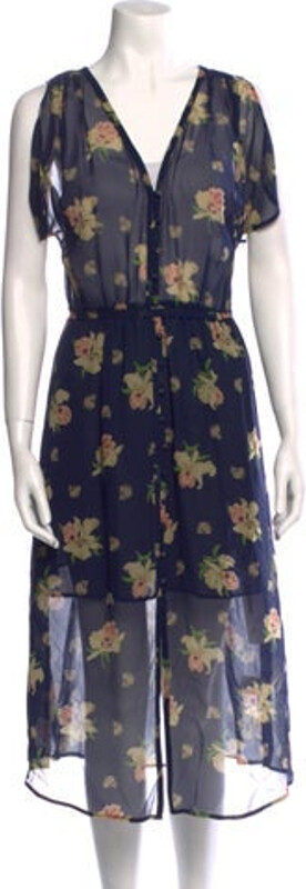 Joie Silk A-Line Dress Blue Floral Print Short Sleeve with V-Neck Hook & Eye Closure at Front Designer