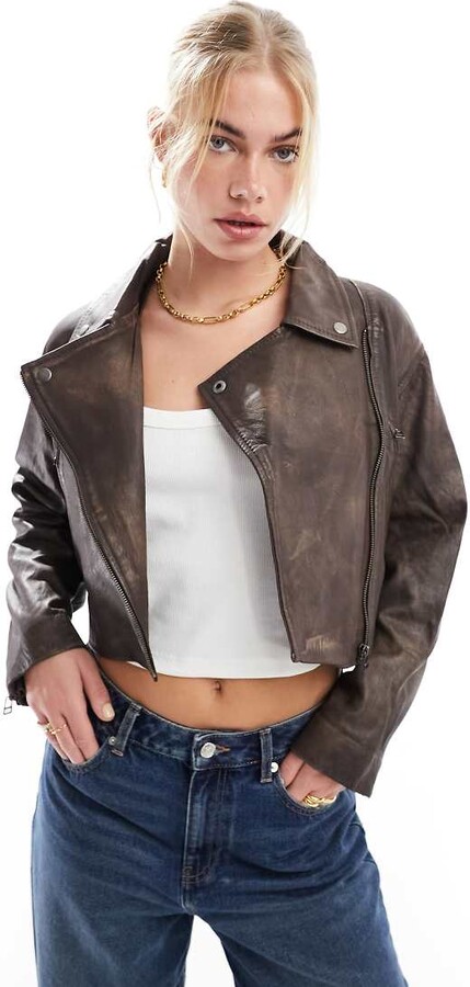 Stradivarius STR real leather biker jacket in vintage brown