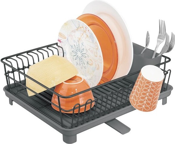 mDesign Steel Compact Modern Dish Drying Rack with Cutlery Tray -  Bronze/Amber