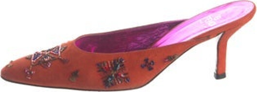 Fendi Suede Mules Orange Floral Print Zucca FF Logo Semi-Pointed Toes with Beaded Accents Platform Includes Box